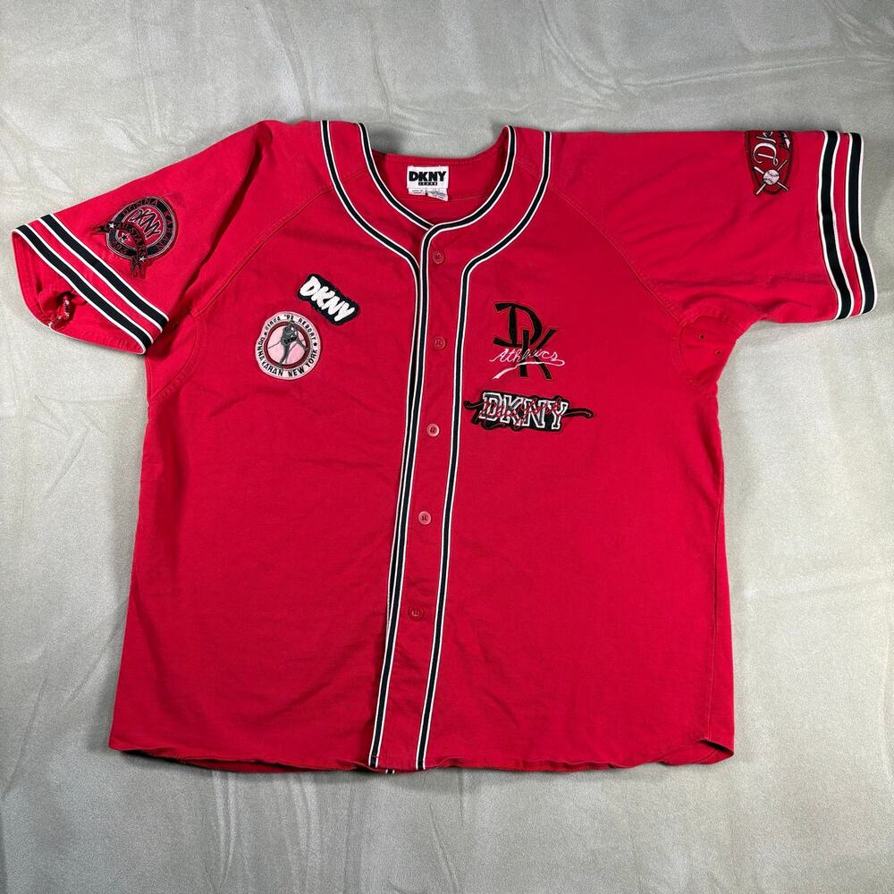 Vintage 90s DKNY Jeans‎ Red Patchwork Baseball Jersey Size L Preowned
